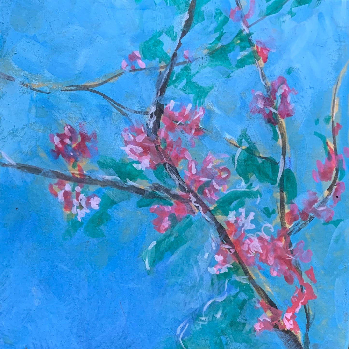 25.Lynne Lund, Food for Blue/Pink Eudia Tree, Ulysses Butterfly Tree, Oil, 15x15cm