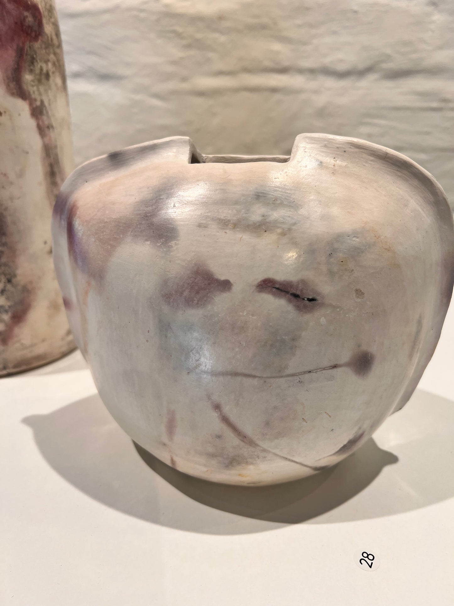28. Emily Barden, 2025, Wednesday 3A, "Mira", spanish for 'peaceful'. A gentle piece with subtle touches of muted purples, greys and warm earthy hues, Ceramic, pit fire