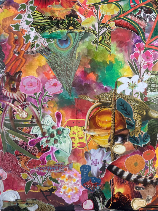 6. Nicky Tsekouras, as natural as the (warm) nature that nourishes me, 2025, Assorted collage and multimedia on watercolour paper with frame, 38 (w) x 48 (h) cm