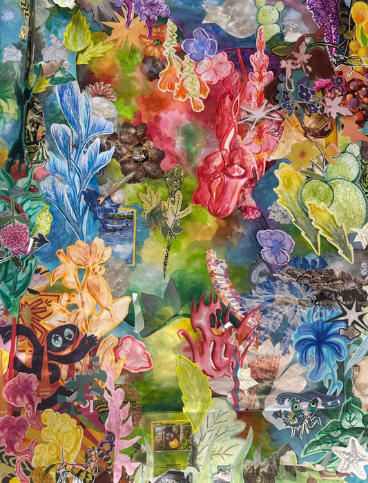 7. Nicky Tsekouras, as natural as the (rainbow) nature that nourishes me, 2025, Assorted collage and multimedia on watercolour paper (frame not included), 61 (w) x 91 (h) cm