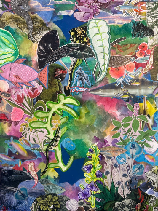 8. Nicky Tsekouras, as natural as the (cool) nature that nourishes me, 2025, Assorted collage and multimedia on watercolour paper with frame, 38 (w) x 48 (h) cm
