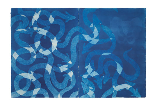 24. Iona Julian-Walters, The Body Changes but the Spirit Remains (Short Finned Eels), 2025, Cyanotope on Paper, 112 x 75cm