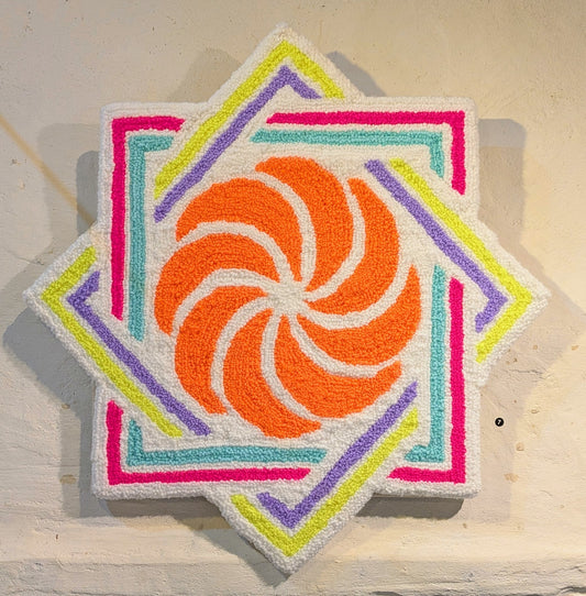 (7) Allanah Sarafian. Arevakhach in Neon. 2025. Tufted yarn and timber board