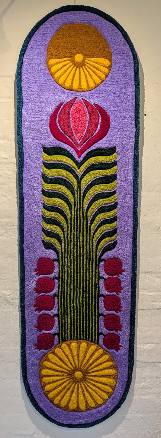 (2) Allanah Sarafian. Chrono-Nur (Pomegranate). 2025. Tufted yarn and timber board