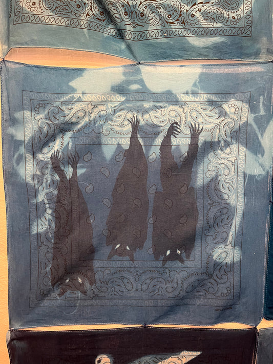 25(d). Iona Julian-Walters, Grey Headed Flying Foxes, 2025, Cyanotype on bandanas, 56 x 56cm