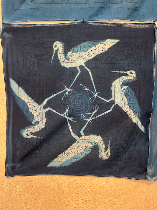 25(g). Iona Julian-Walters, Pied Stilts, 2025, Cyanotype on bandanas, 56 x 56cm