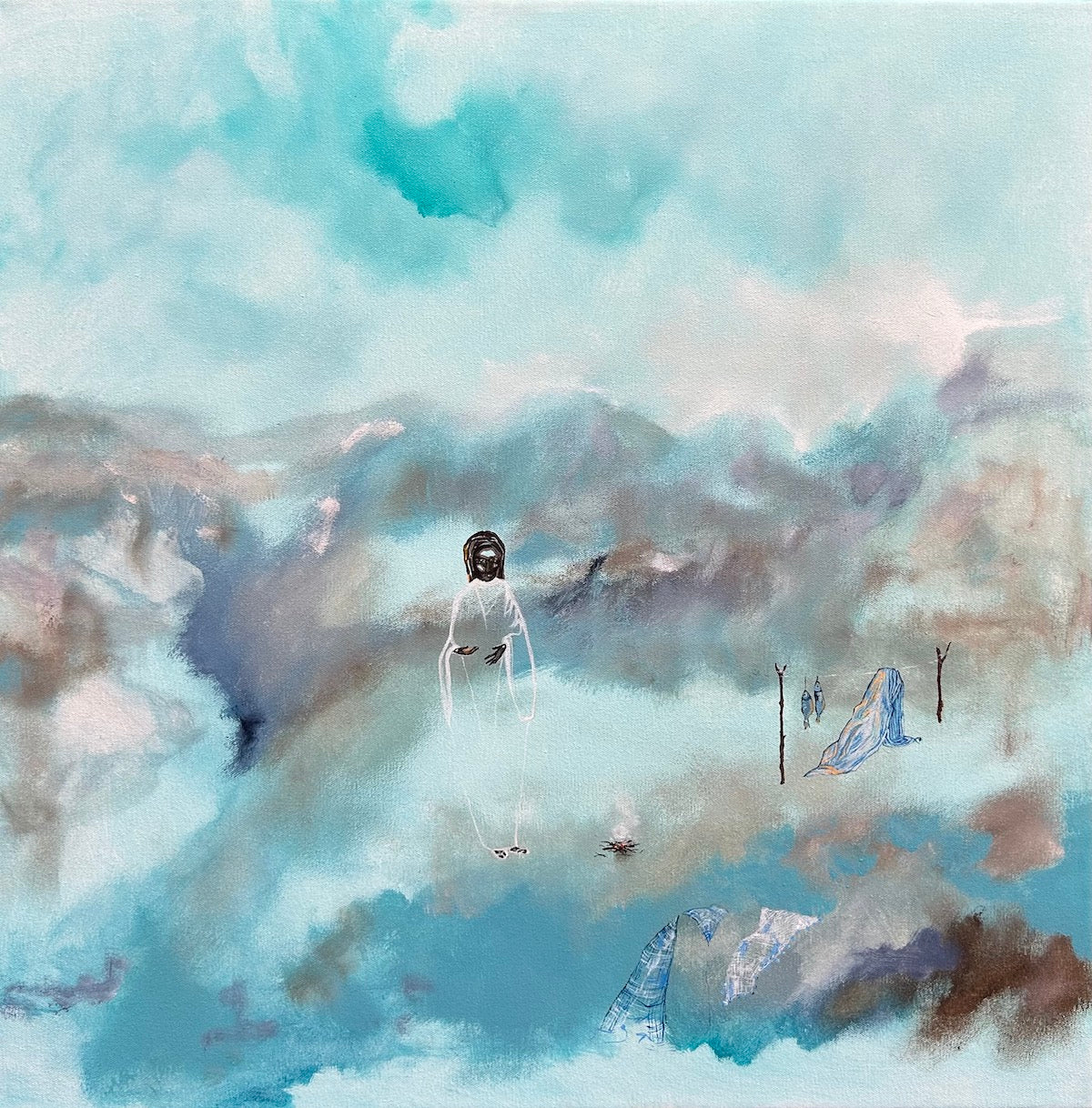 14. Waiting At Shore, 2025, Acrylic & Ink on Canvas, 64.5 x 65.5cm