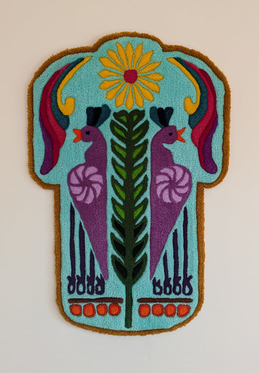 (4) Allanah Sarafian. Peacocks Under the Sunflower. 2024. Tufted yarn and timber board