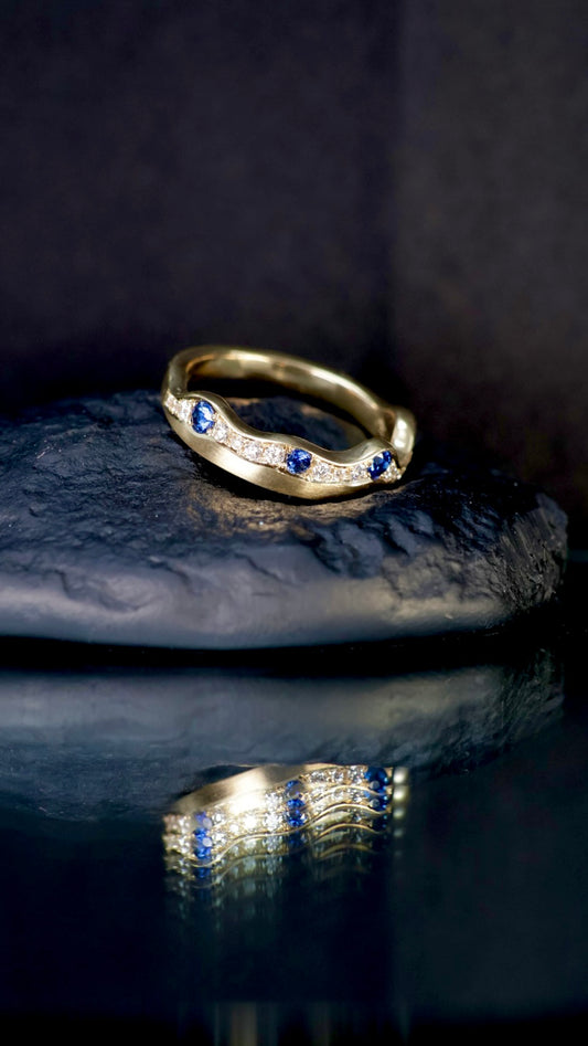 3. Ghost Geography Ring 1, 18ct yellow gold, 3 x ceylon sapphires, 16 x EF/SI diamonds, size M1/2
