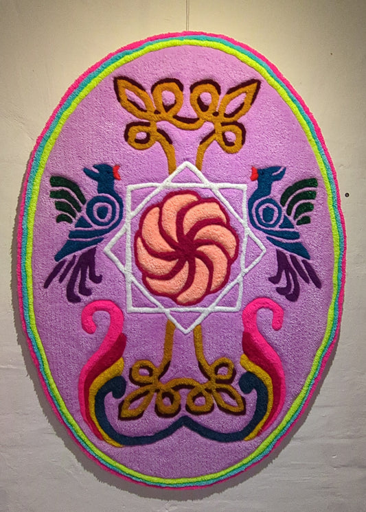 (3) Allanah Sarafian. Stone Dialect. 2025. Tufted yarn and timber board